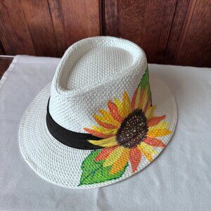 White Faux Straw Fedora with Hand Painted Sunflower & Black Belt